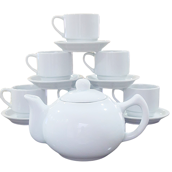 Jogo Café e Chá Mesa Posta 13 peças - Bule Chaleira 830ML + kit 6 xícaras café/chá hotel 200ml empilháveis c/ pires