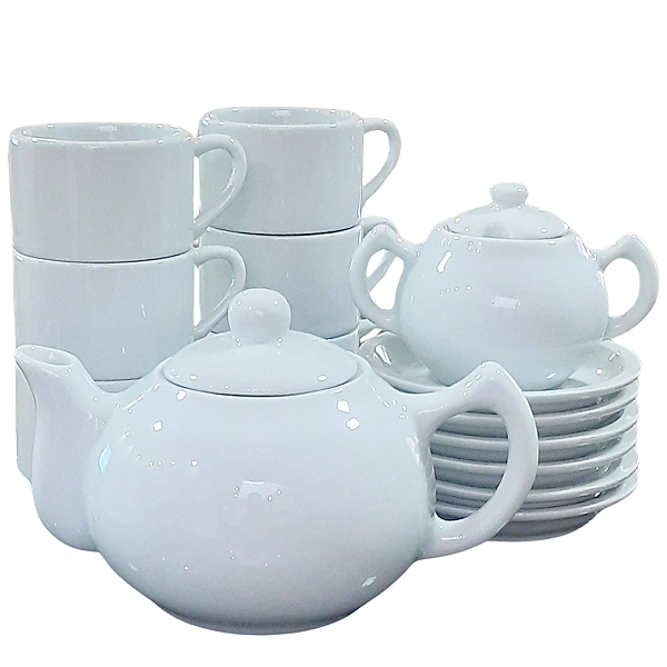 Jogo Café e Chá Mesa Posta 14 peças -Chaleira 830ML + Açucareiro 250ml + 6 xícaras café/chá 200ml empilháveis c/ pires