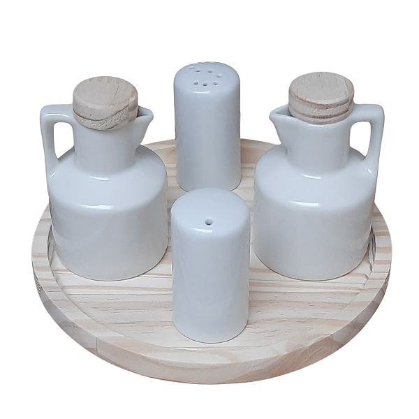 Kit Galheteiro 5 peças Azeite, Vinagre, Sal e Paliteiro - Porcelana