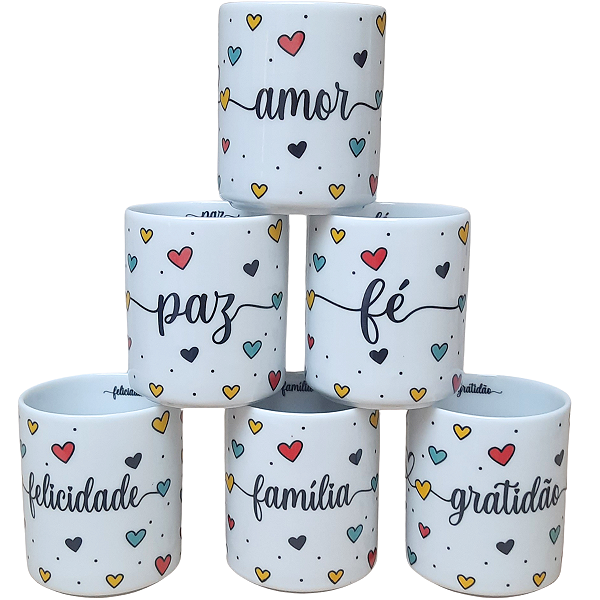 Jogo 6 copos 300ml Frases Motivacionais - Kit Porcelana