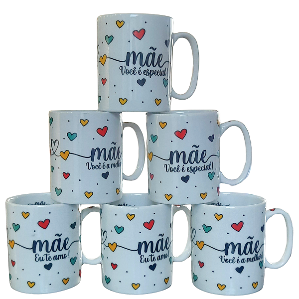 Jogo 6 canecas 300ml Frases Mãe - Kit Porcelana - Decoração Caneca Completa Corações