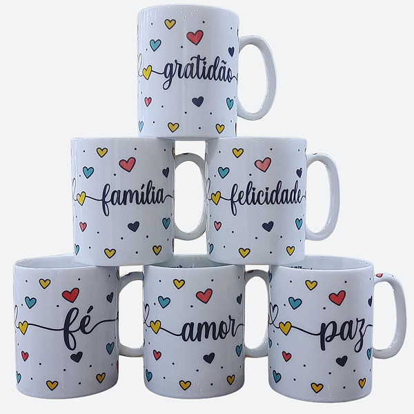 Jogo 6 canecas 300ml Frases Motivacionais - Kit Porcelana