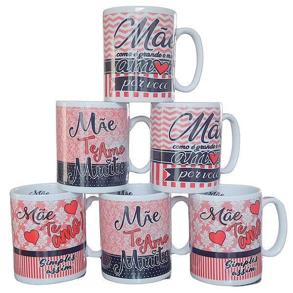Jogo 6 canecas 300ml Frases Mãe - Kit Porcelana - Decoração Caneca Completa Preto e Vermelho