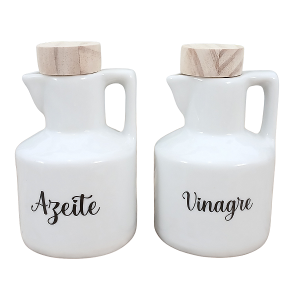 Kit Galheteiro Azeite e Vinagre - Porcelana tampas pinus