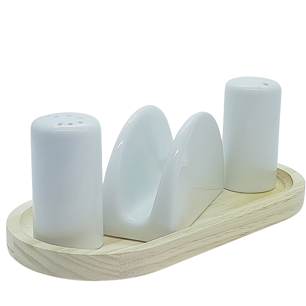 Kit Cozinha 4 peças Sal, Paliteiro e Porta Guardanapo - Porcelana e Bandeja Pinus Oval