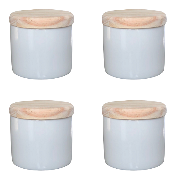 Kit 4 Porta Treco / Condimentos / Mantimentos 200ml - Potes Porcelana Tampa Pinus