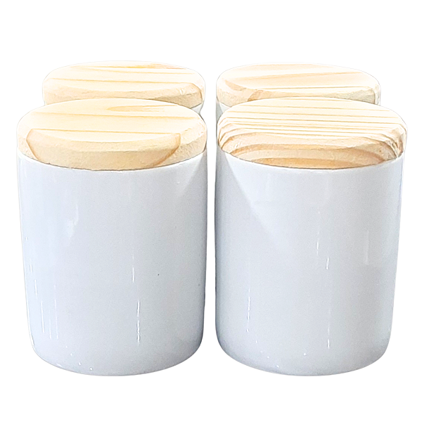 Kit 4 Potes Uso Geral 200ml - Potes Porcelana Tampa Pinus