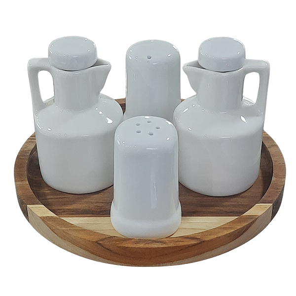 Kit Galheteiro 5 peças Azeite, Vinagre, Sal e Paliteiro - Porcelana