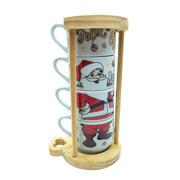 Kit Jogo 4 Xicaras Café Chá hotel 200ml Empilháveis C/ Suporte Pinus - Feliz Natal