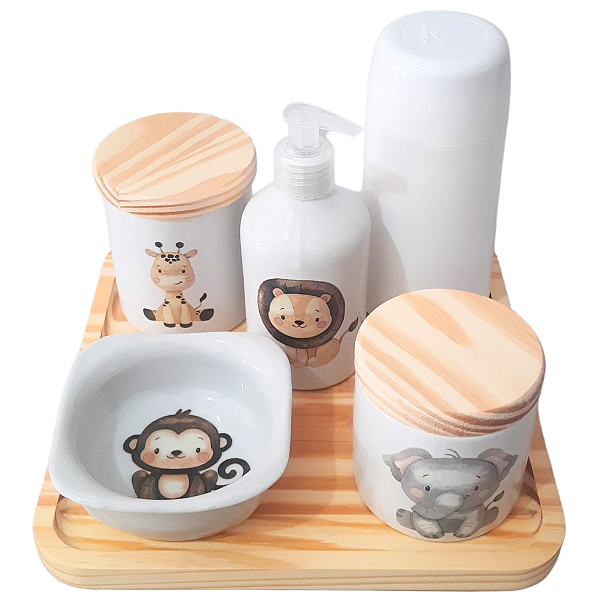 Kit higiene bebê Safari 6 Pçs - Bdj Quad. Porcelana e Pinus