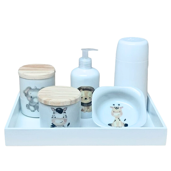Kit higiene bebê Safari 6 peças - Bandeja, potes, porta álcool e molhadeira - Peças Porcelana Bandeja e Tampas Pinus