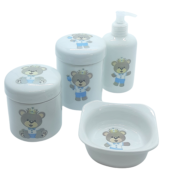 Kit higiene bebê Principe Ursinho 4 peças - potes, porta álcool e molhadeira - Tudo porcelana