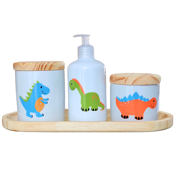Kit higiene bebê 4 peças Dinossauro - Bandeja, potes e porta álcool - Peças porcelana bandeja e tampas pinus