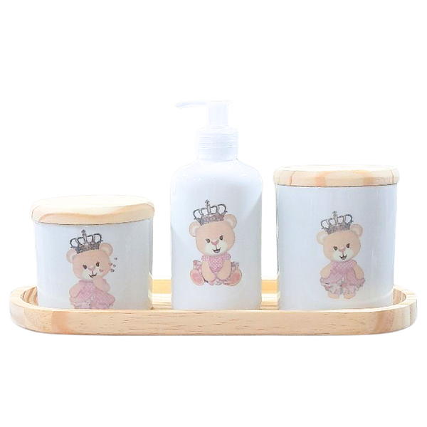 Kit higiene bebê 4 peças Princesa ursinha - Bandeja, potes e porta álcool - Peças porcelana bandeja e tampas pinus