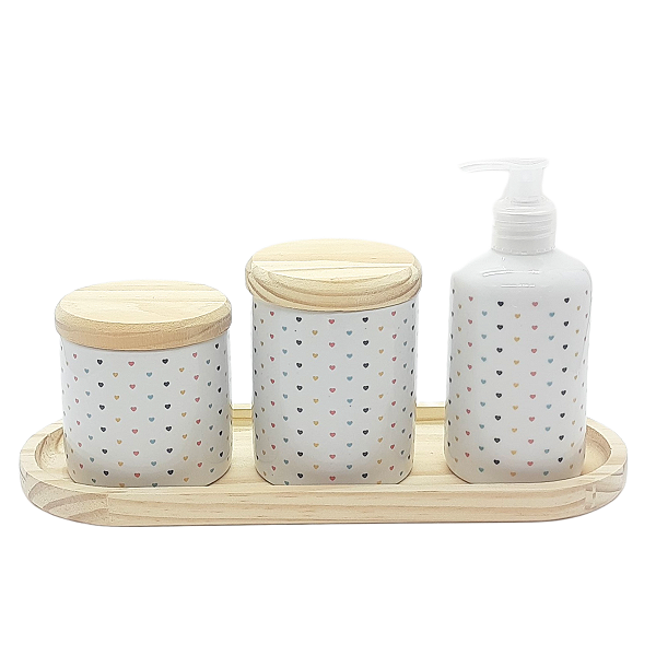 Kit higiene 4 peças Poá - Bandeja Oval -  Tampa pinus