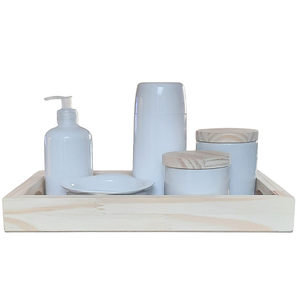 Kit higiene bebê 6 peças - Bandeja, Garrafa térmica, potes, porta álcool e molhadeira -Peças porcelana bandeja e tampas