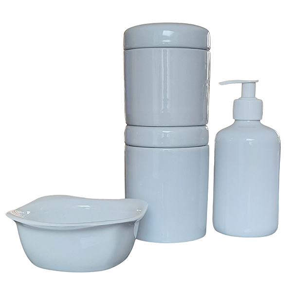 Kit higiene bebê 4 peças - Potes, porta álcool e molhadeira - Porcelana Branca