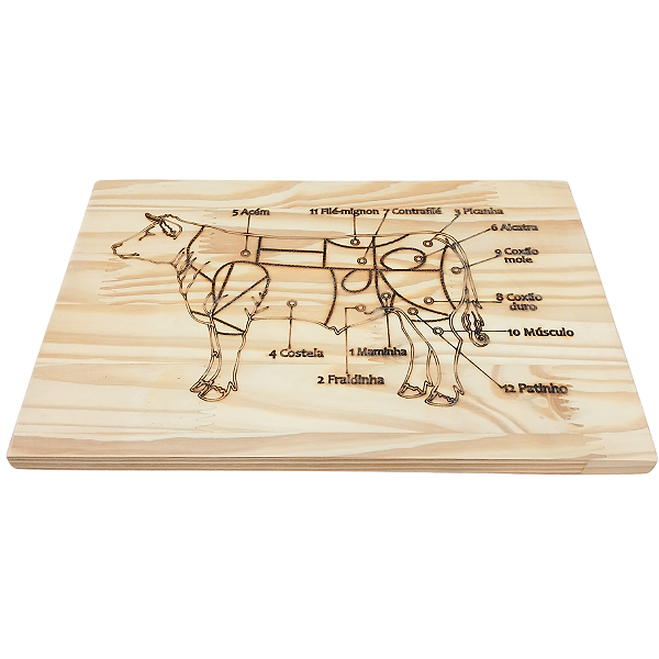 Tábua Corte Carne/Churrasco - Pinus c/ Imagem cortes do Boi