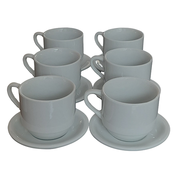 Jogo 6 xícaras de Café e Chá com pires - 200 ml Empilháveis - Porcelana branca
