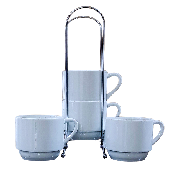 Kit Jogo 4 Xicaras Café/Chá hotel 200ml Empilháveis com suporte - Porcelana Branca