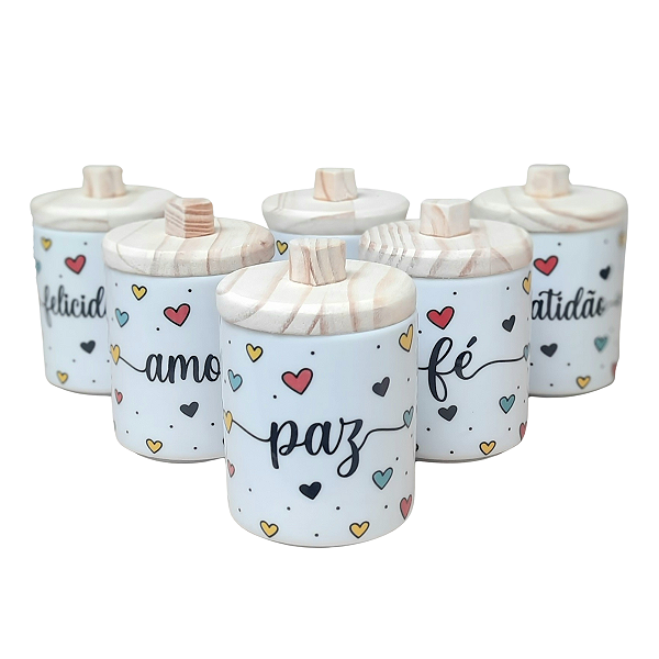 Jogo 6 Potes Multi-Uso 300ml Frases Motivacionais c/ pegadores - Kit Porcelana