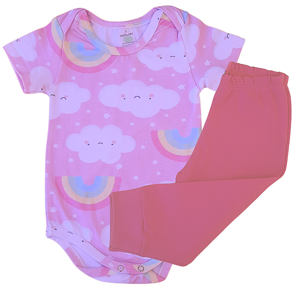 Kit Body infantil Manga Curta Nuvem Rosa RN ao G Algodão Premium