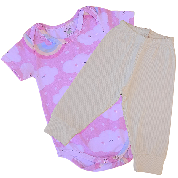 Kit Body infantil Manga Curta Nuvem Amarelo RN ao G Algodão Premium