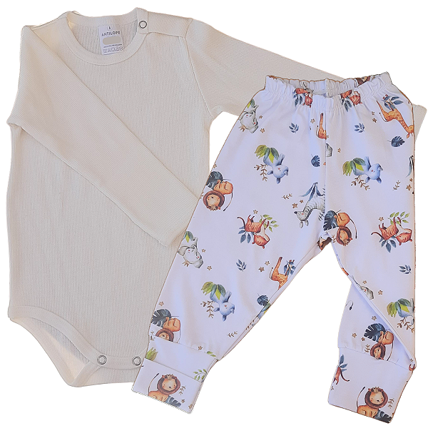 Kit Body infantil Manga Longa Amarelo e Safari RN ao G Algodão Premium