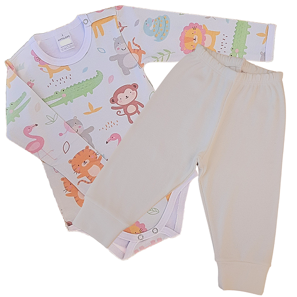 Kit Body infantil Manga Longa Safari e Amarelo RN ao G Algodão Premium