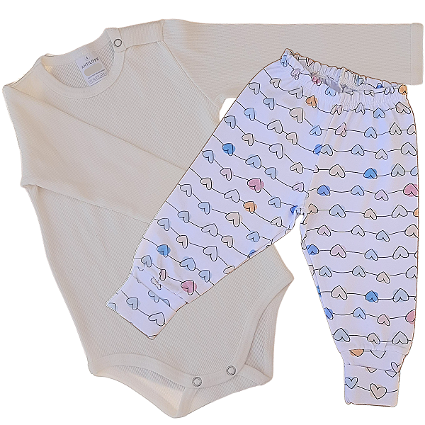 Kit Body infantil Manga Longa Amarelo e corações RN ao G Algodão Premium