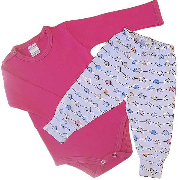 Kit Body infantil Manga Longa Rosa e corações RN ao G Algodão Premium