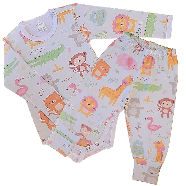 Kit Body infantil Manga Longa Safari RN ao G Algodão Premium