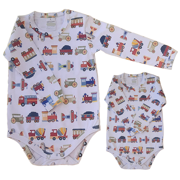 Body infantil Manga Longa Meios Transporte RN ao G Algodão Premium