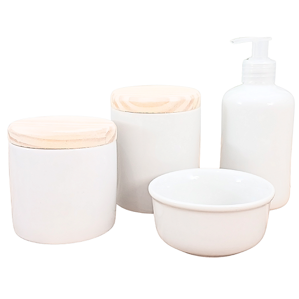 Kit higiene bebê lavabo 4 pçs - Porcelana branca e Pinus