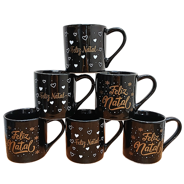 Kit Jogo 6 Canecas Natal 210ml - Porcelana Preta