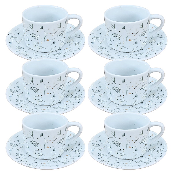 Jogo 6 Xicaras Chá 200ml c/ pires Porcelana Dec. Arabescos