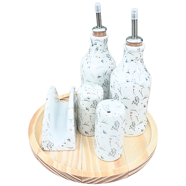 Kit Galheteiro Porcelana Branca Decorada Arabescos