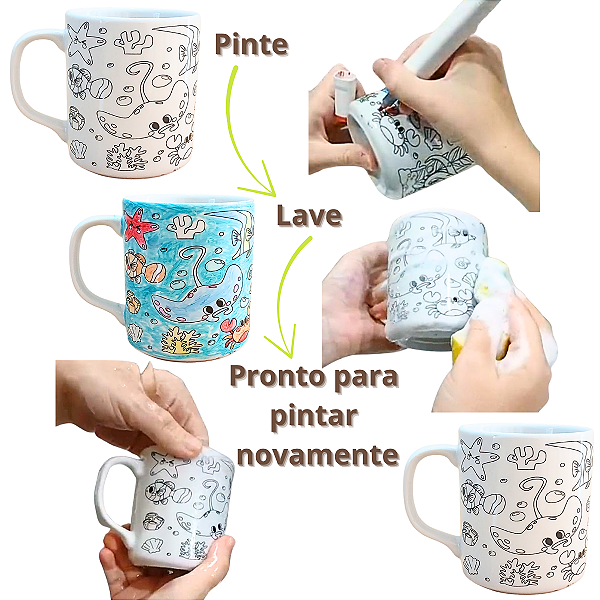 Kit Caneca Colorir Pinta Repinta Desenhos sortidos