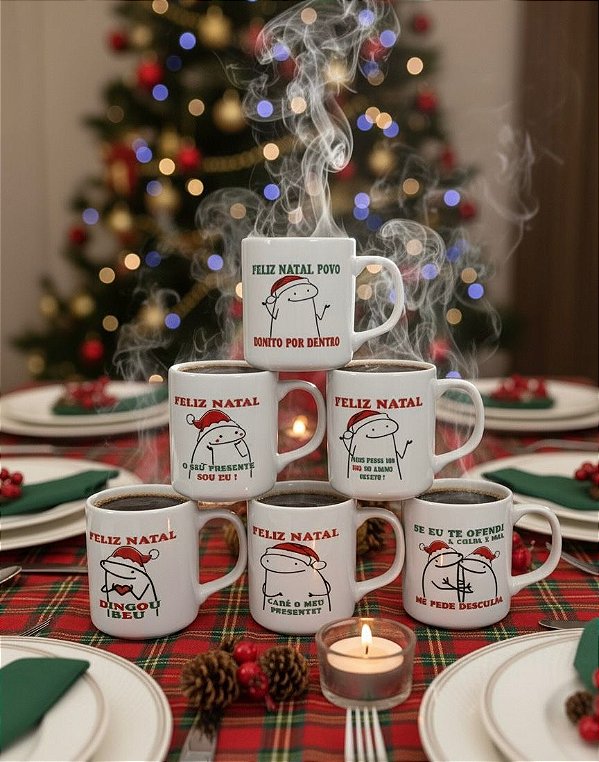 Kit Jogo Canecas 300ml Flork Natal Porcelana