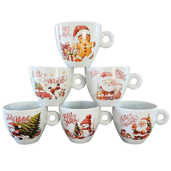 Kit Jogo 6 Xicaras Natal Café Chá 200ml Cônicas Porcelana