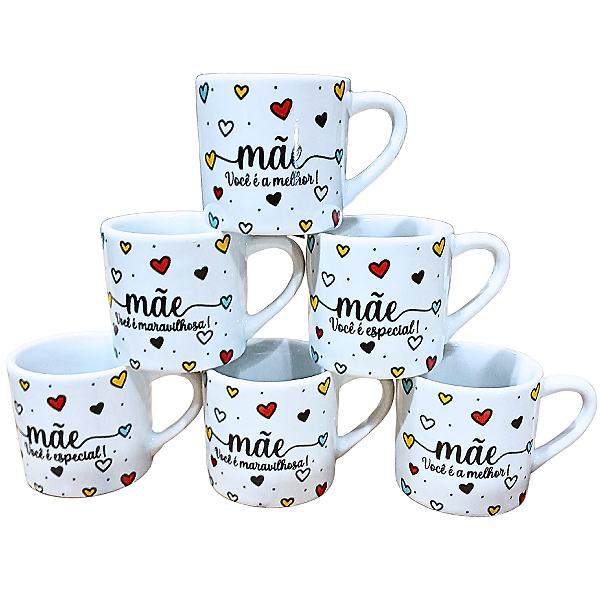 Kit Jogo 6 Canecas Frases Mãe 100ml - Porcelana