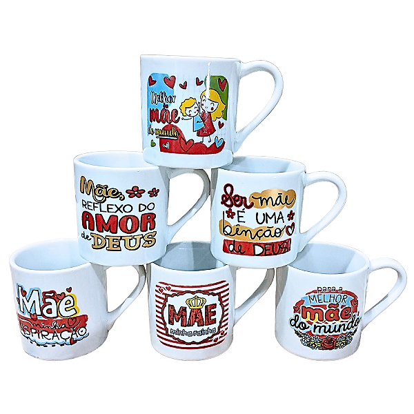 Kit Jogo 6 Canecas Frases Mãe 210ml - Porcelana