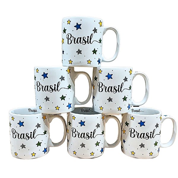 Kit Jogo 6 Canecas Brasil Porcelana Chá Café Cappuccino Suco