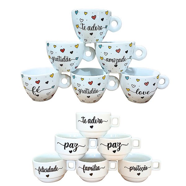 Kit Jogo 6 Xicara Decorada Porcelana Café Expresso