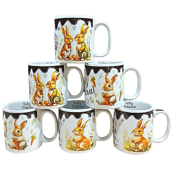 Kit Jogo 6 Caneca Coelho Páscoa Porcelana Café Suco Chá