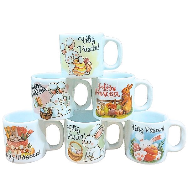 Jogo 6 Caneca Xícara Coelho Páscoa Café Expresso Porcelana