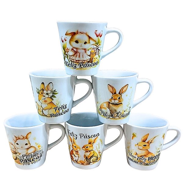 Jogo 6 Caneca 140ml Coelho Páscoa Porcelana Café Suco Chá