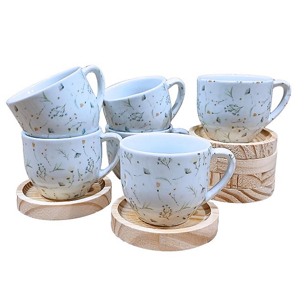 Jogo 6 Xicaras Café/Chá Porcelana 170ml  Arabesco C/ Pires