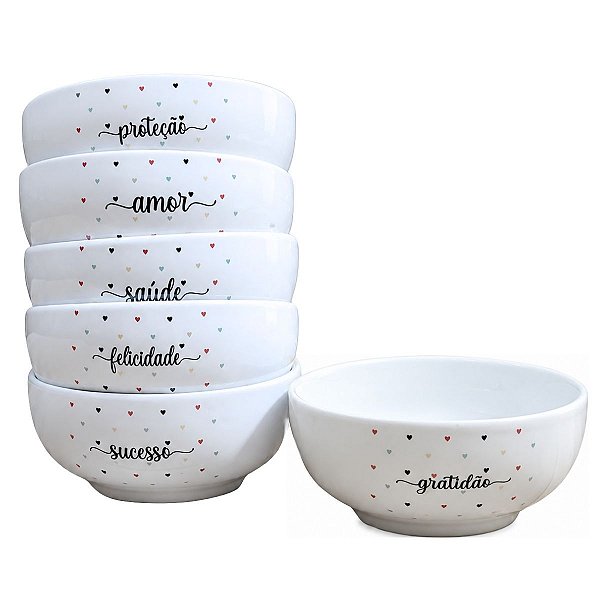 Kit 6 Bowl Tigela Cumbuca 350ml Porcelana Branca Decorada