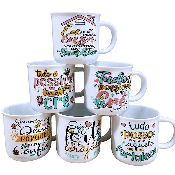 Kit Jogo 6 Canecas 200ml Porcelana - Frases Motivacionais